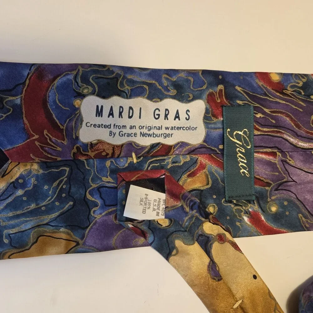 Grace Newberger Watercolor Inspired Vintage Mardis Gras Theme Mens Silk Tie NOLA